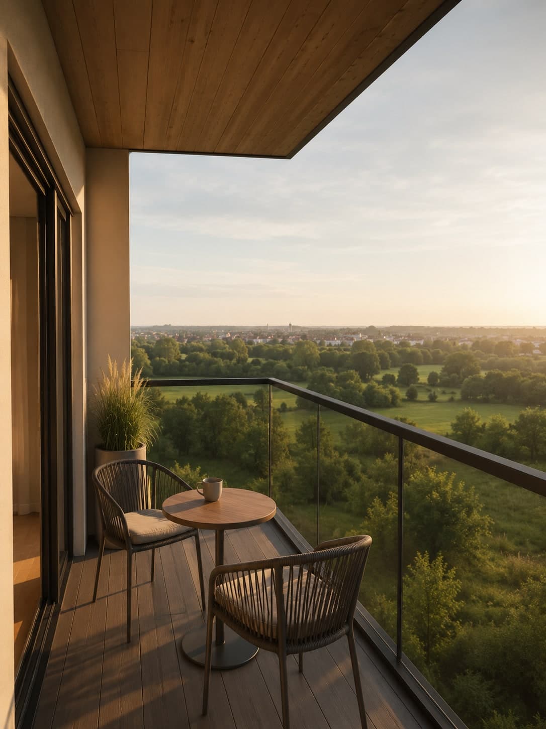 Balkon ze szklaną balustradą i widokiem na zieleń — wizualizacja